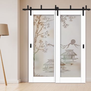 2 Leaf Sliding Barn Bypass Doors with Glass Insert BGD-0400