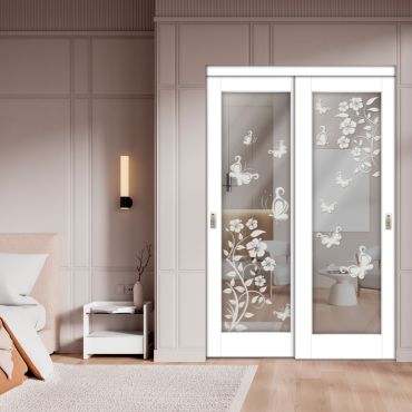 2 Leaf Sliding Closet Barn Door with Mirror & Frosted Design MBSD-1597