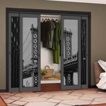 4 Leaf Handcrafted Bypass Sliding Painted Grey Closet Door Digital Printing HSSB- 2113