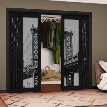 4 Leaf Handcrafted Bypass Sliding Painted Black Closet Door Digital Printing HSSB- 2089