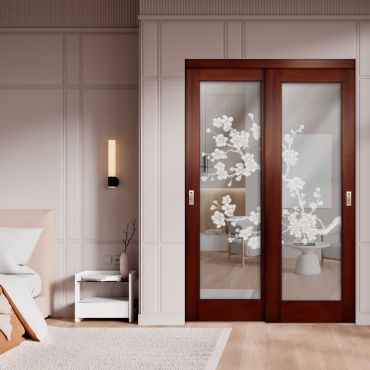 2 Leaf Sliding Closet Barn Door with Mirror & Frosted Design MBSD-1598