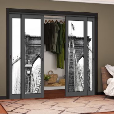 4 Leaf Handcrafted Bypass Sliding Painted Grey Closet Door Digital Printing HSSB- 2114