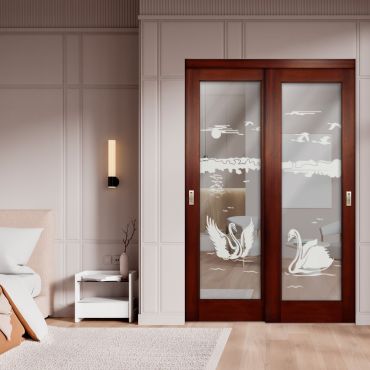 2 Leaf Sliding Closet Barn Door with Mirror & Frosted Design MBSD-1599