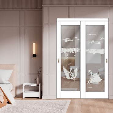 2 Leaf Sliding Closet Barn Door with Mirror & Frosted Design MBSD-1599