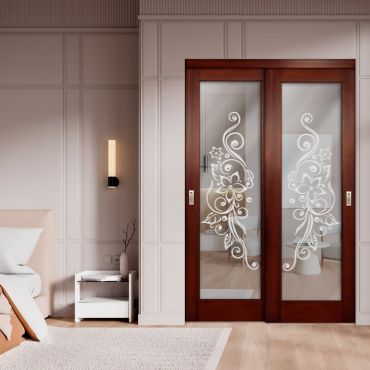 2 Leaf Sliding Closet Barn Door with Mirror & Frosted Design MBSD-1600