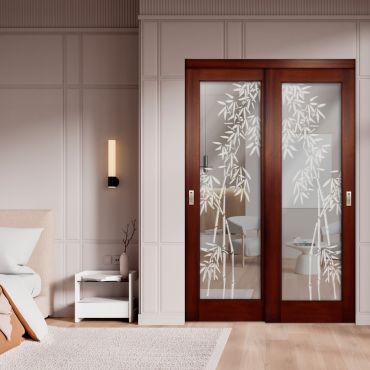 2 Leaf Sliding Closet Barn Door with Mirror & Frosted Design MBSD-1601