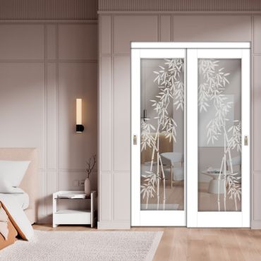 2 Leaf Sliding Closet Barn Door with Mirror & Frosted Design MBSD-1601