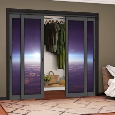 4 Leaf Handcrafted Bypass Sliding Painted Grey Closet Door Digital Printing HSSB- 2117