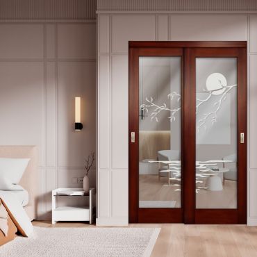 2 Leaf Sliding Closet Barn Door with Mirror & Frosted Design MBSD-1602