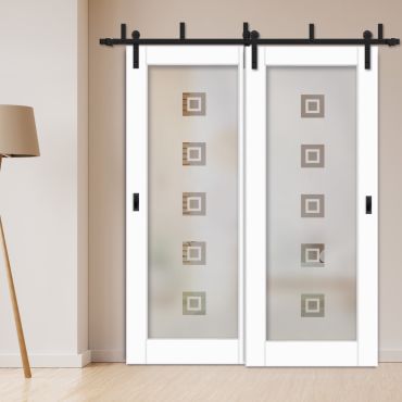 2 Leaf Sliding Barn Bypass Doors with Glass Insert BGD-1108