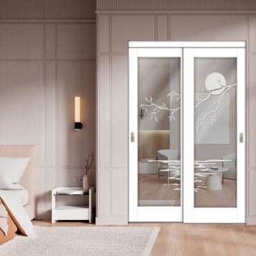 2 Leaf Sliding Closet Barn Door with Mirror & Frosted Design MBSD-1602