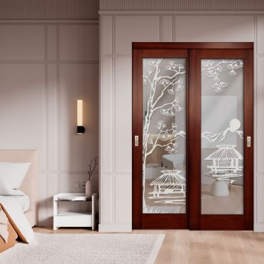 2 Leaf Sliding Closet Barn Door with Mirror & Frosted Design MBSD-1603