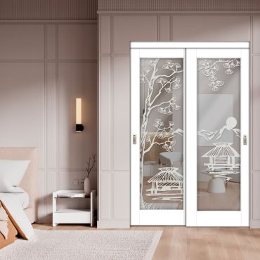 2 Leaf Sliding Closet Barn Door with Mirror & Frosted Design MBSD-1603