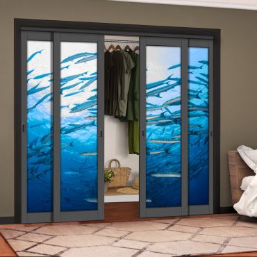 4 Leaf Handcrafted Bypass Sliding Painted Grey Closet Door Digital Printing HSSB- 2119