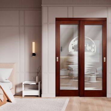 2 Leaf Sliding Closet Barn Door with Mirror & Frosted Design MBSD-1604