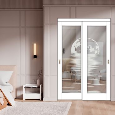 2 Leaf Sliding Closet Barn Door with Mirror & Frosted Design MBSD-1604