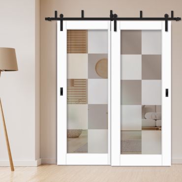 2 Leaf Sliding Barn Bypass Doors with Glass Insert BGD-1111