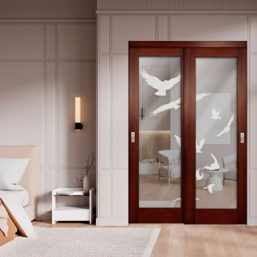 2 Leaf Sliding Closet Barn Door with Mirror & Frosted Design MBSD-1606