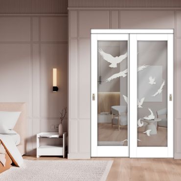 2 Leaf Sliding Closet Barn Door with Mirror & Frosted Design MBSD-1606