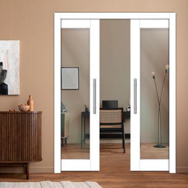 Double Pocket Sliding Wooden Door with Glass Insert & Clear -PWD-0218