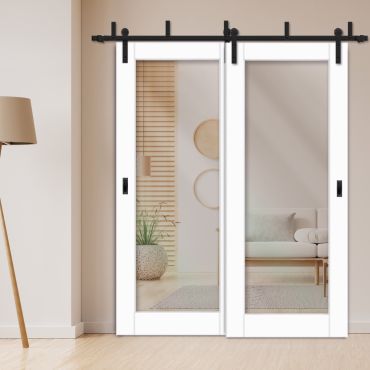 2 Leaf Sliding Barn Bypass Doors with-Glass-Insert BGD-0239