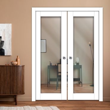 Double Pocket Sliding Wooden Door with Glass Insert & Clear -PWD-0218