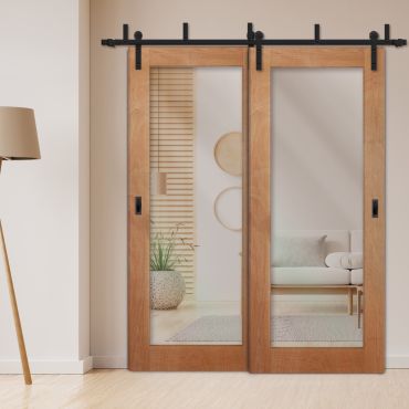 2 Leaf Sliding Barn Bypass Doors with-Glass-Insert BGD-0239