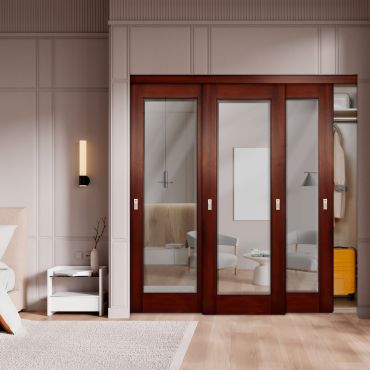 3 Leaf Beveled Edge Mahogany Sliding Closet Door with Mirror Insert SD-0297