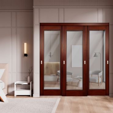 3 Leaf Beveled Edge Mahogany Sliding Closet Door with Mirror Insert SD-0297