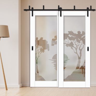 2 Leaf Sliding Barn Bypass Doors with Glass Insert BGD-0391