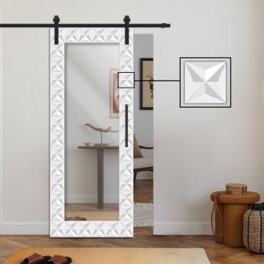 Wooden Mirror Sliding Barn Door with 3D geometric pattern RM - 0864