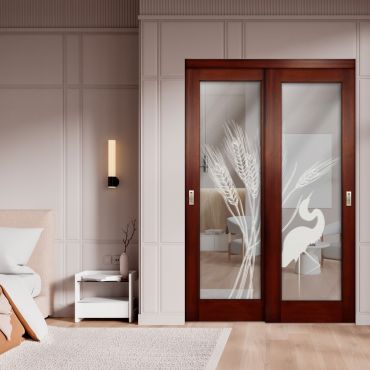 2 Leaf Sliding Closet Barn Door with Mirror & Frosted Design MBSD-1607