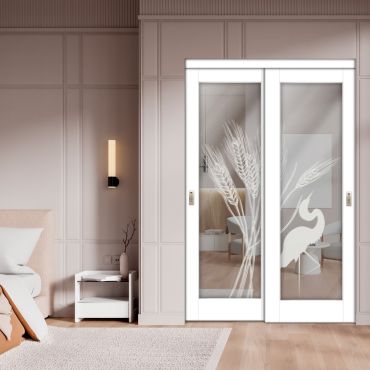 2 Leaf Sliding Closet Barn Door with Mirror & Frosted Design MBSD-1607