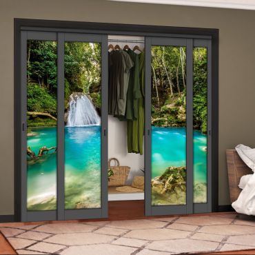 4 Leaf Handcrafted Bypass Sliding Painted Grey Closet Door Digital Printing HSSB- 2123