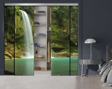 4 Panel Frameless Closet Glass Sliding Bypass Door With Digital Printing FSG4 - 2197