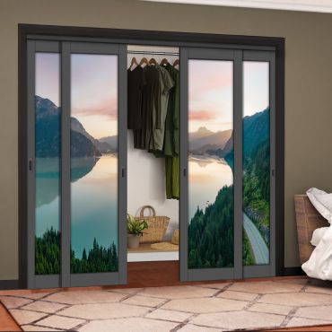 4 Leaf Handcrafted Bypass Sliding Painted Grey Closet Door Digital Printing HSSB- 2124