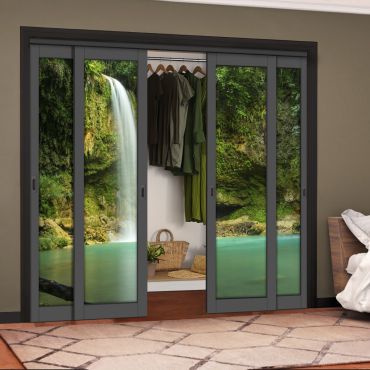 4 Leaf Handcrafted Bypass Sliding Painted Grey Closet Door Digital Printing HSSB- 2125