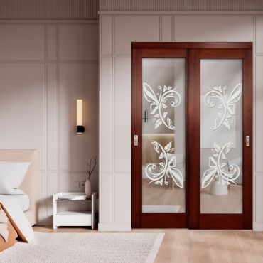 2 Leaf Sliding Closet Barn Door with Mirror & Frosted Design MBSD-0294