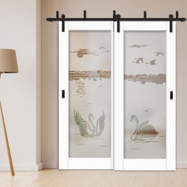 2 Leaf Sliding Barn Bypass Doors with Glass Insert BGD-0392