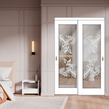 2 Leaf Sliding Closet Barn Door with Mirror & Frosted Design MBSD-0294