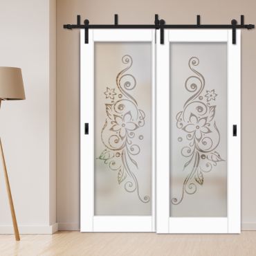 2 Leaf Sliding Barn Bypass Doors with Glass Insert BGD-1123