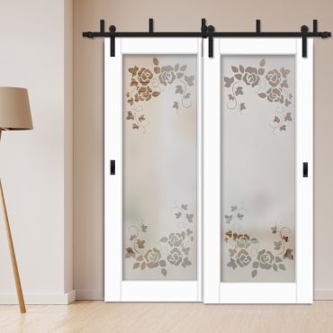 2 Leaf Sliding Barn Bypass Doors with Glass Insert BGD-1126