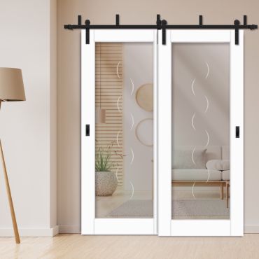 2 Leaf Sliding Barn Bypass Doors with Glass Insert BGD-1131