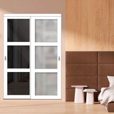 3 Panel Closet Door with Frosted Glass and White Glass Painted Panel Insert SD-1761