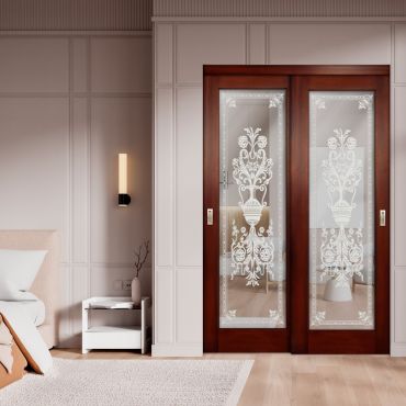 2 Leaf Sliding Closet Barn Door with Mirror & Frosted Design MBSD-1589