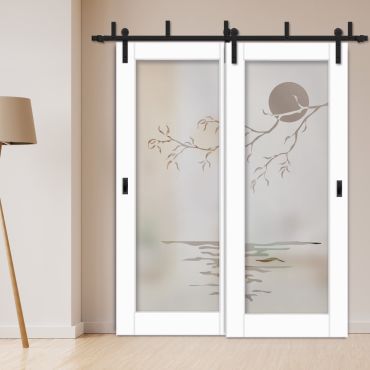 2 Leaf Sliding Barn Bypass Doors with Glass Insert BGD-0393