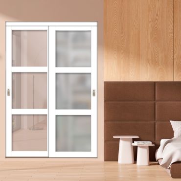 3 Panel Closet Door with Frosted Glass and White Glass Painted Panel Insert SD-1764