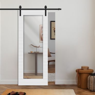 Wooden Mirror Sliding Barn Door with 3D geometric pattern RM - 0870
