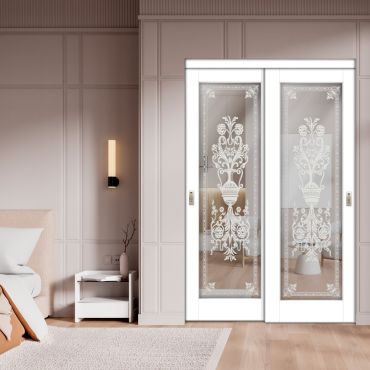 2 Leaf Sliding Closet Barn Door with Mirror & Frosted Design MBSD-1590