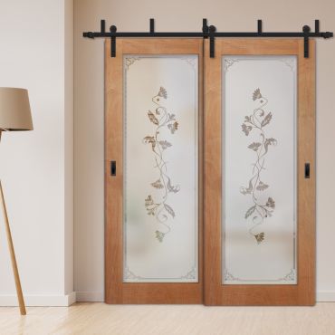 2 Leaf Sliding Barn Bypass Doors with Glass Insert BGD-1133
